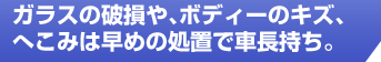 ガラスの破損や、ボディーのキズ、へこみは早めの処置で車長持ち。